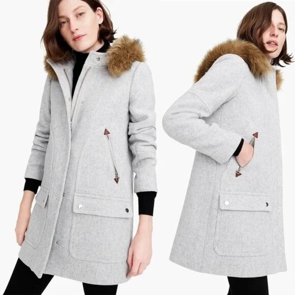 J.Crew Chateau Parka Hooded Fur Coat Italian Stadium-Cloth Wool Gray - Picture 1 of 16